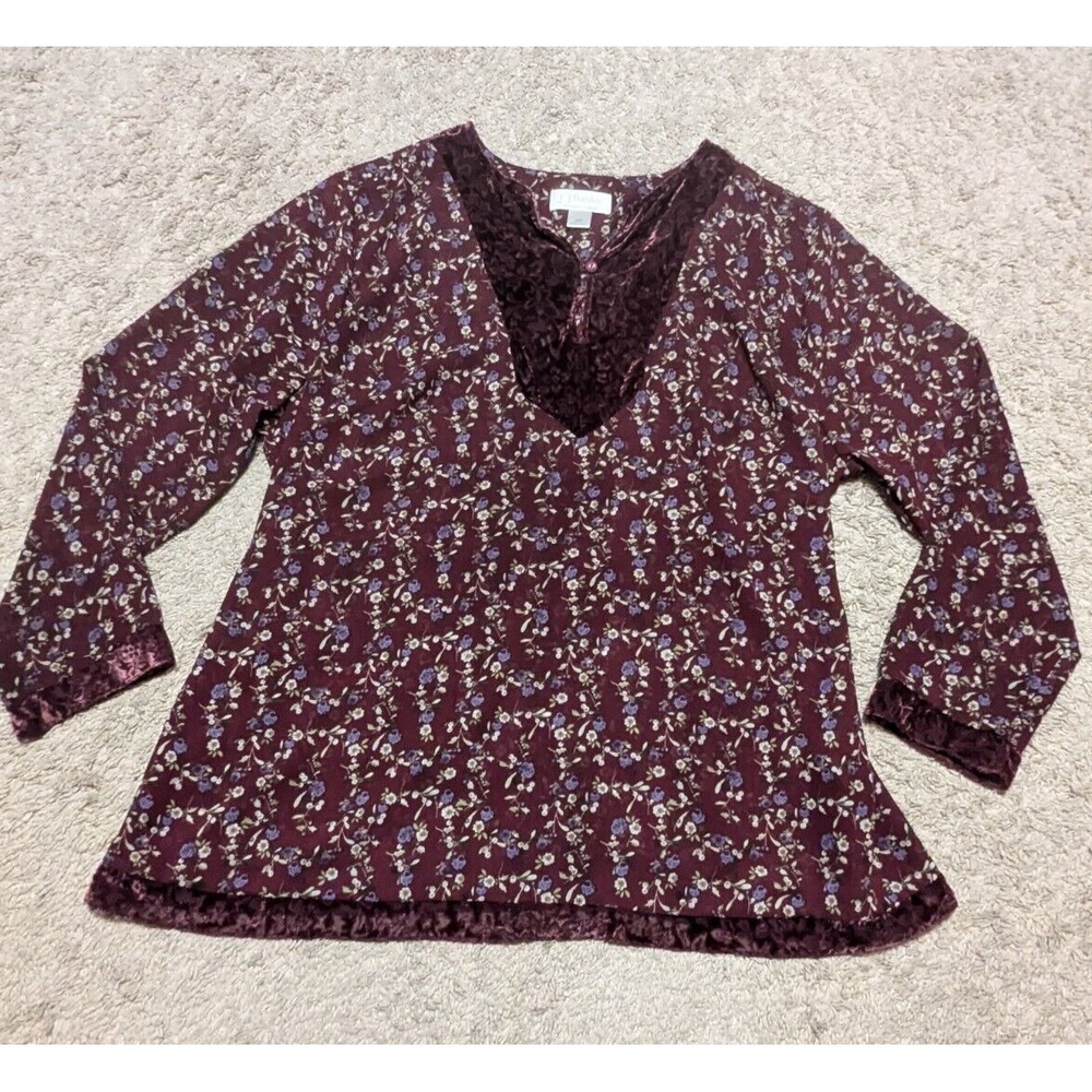 CJ Banks Tunic Top Sz 2X Sheer Floral Burnout‎ Velvet Trim Boho Peasant Cottage